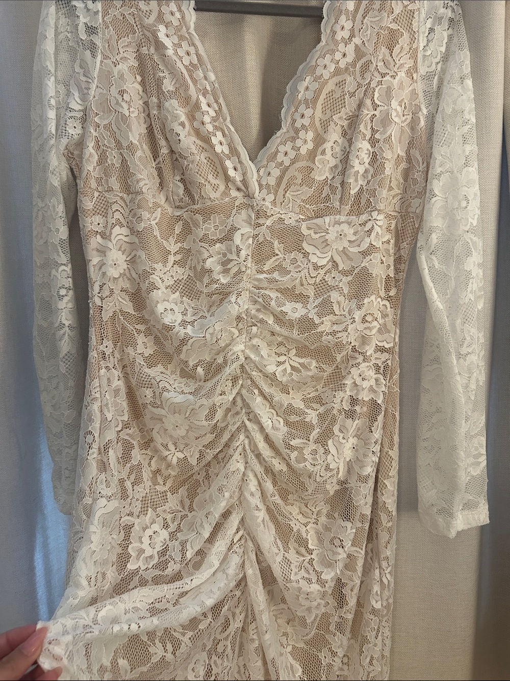 Long Lace V-Neck Women's Dress in Ivory and Nude